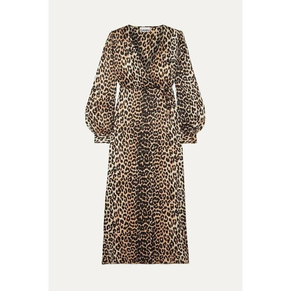 New NWT GANNI Leopard print silk wrap dress long sleeve black SZ FR 38 - US 6